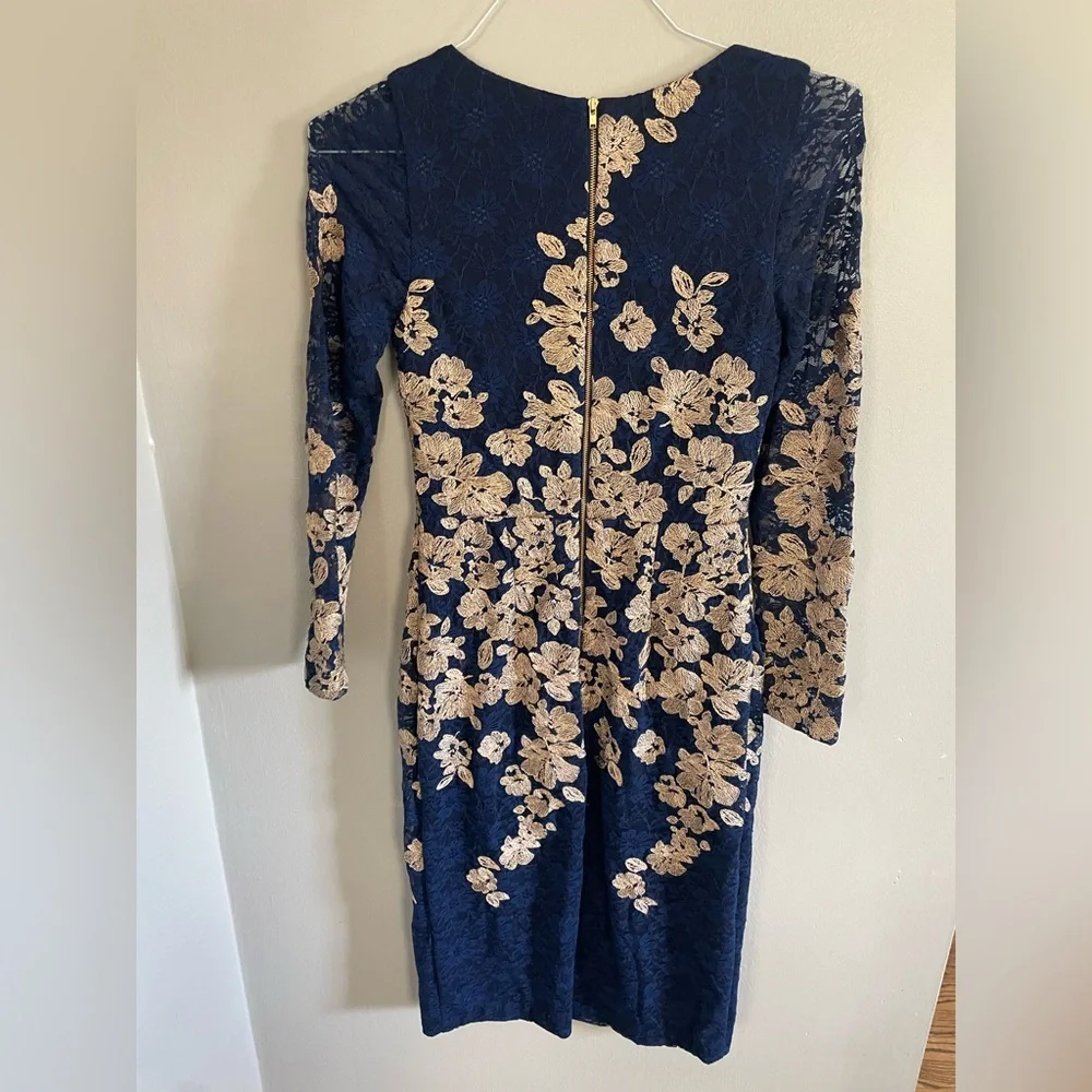 WORN on TV Navy and Gold Lace Dress AVERY G